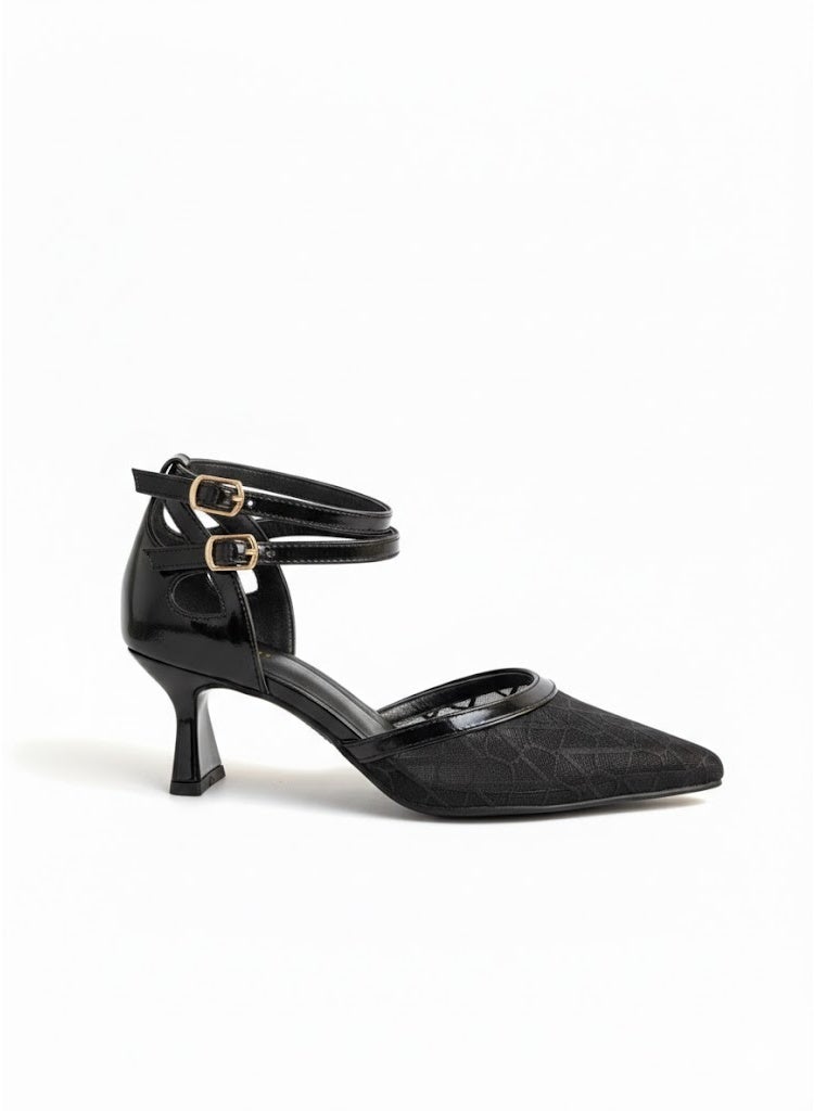 لايف ستيلاش  أحذية بكعب متوسط من القماش والجلد مع إبزيم F-601 - أسود - Image 3